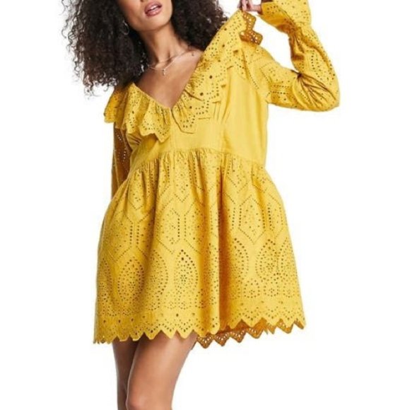 Topshop Dresses & Skirts - NWT Topshop Broderie Ruffle Neck Chuck On Eyelet Mini Dress Mustard Size 8